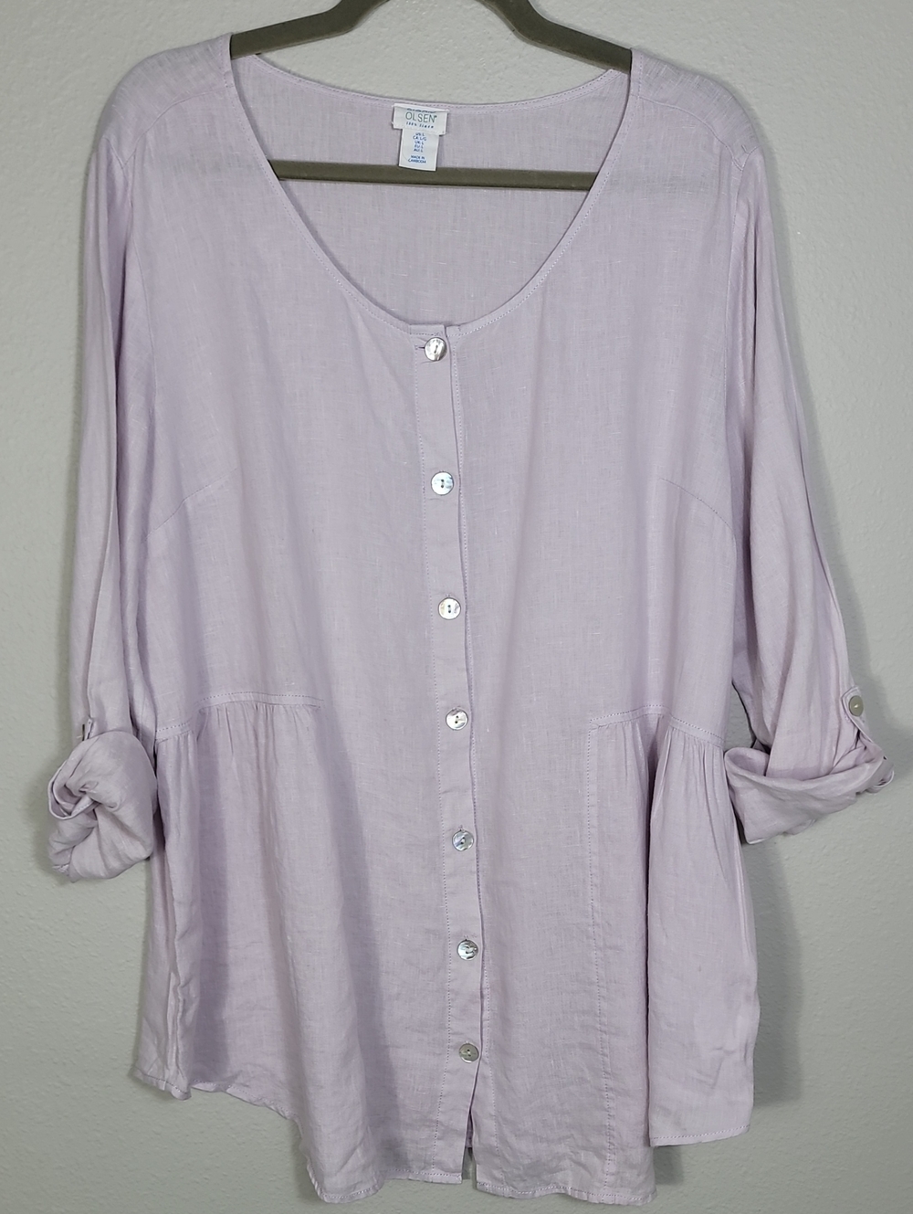 Sigrid Olsen 100% Linen Button Up Tunic Shirt Size Large Lavender Purple